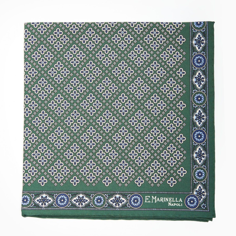 New E.Marinella Dark Green Hand-Printed Silk Pocket Square Large Flower Pattern