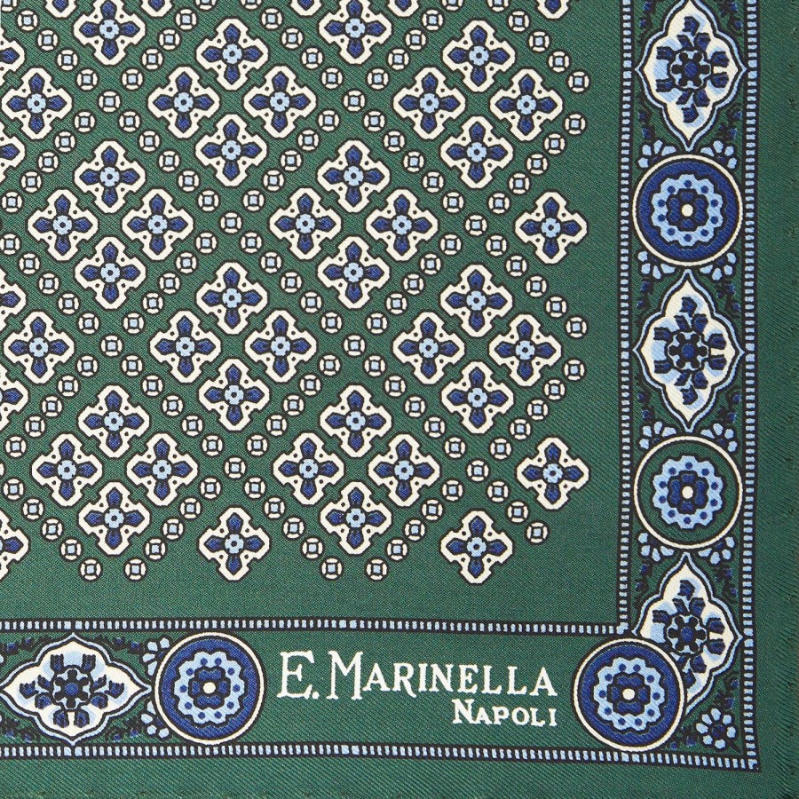 New E.Marinella Dark Green Hand-Printed Silk Pocket Square Large Flower Pattern