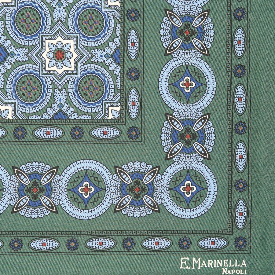 New E.Marinella Dark Green Hand-Printed Silk Pocket Square - Large Flower Pattern