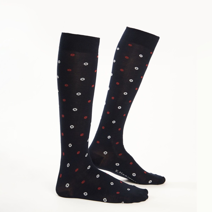 Clearance E.Marinella Long Blue Cotton Socks - Small Flower Pattern