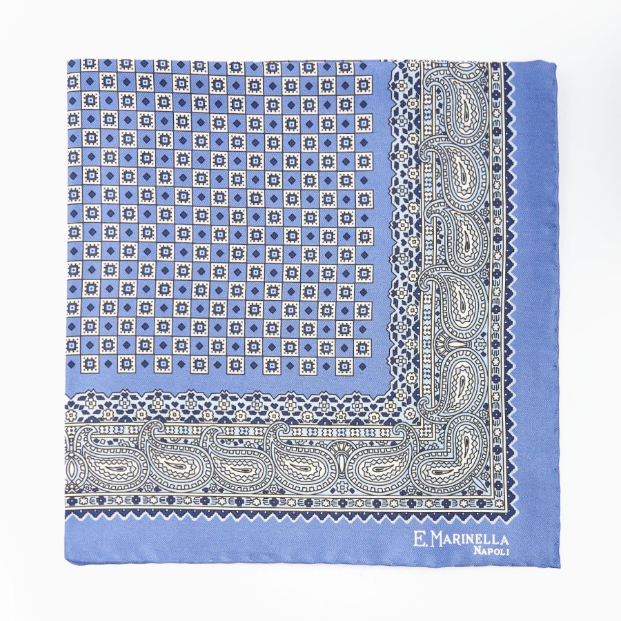 Best E.Marinella Mid Blue Hand-Printed Silk Pocket Square Small Flower Pattern