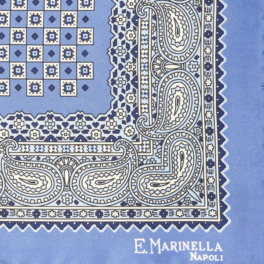 Best E.Marinella Mid Blue Hand-Printed Silk Pocket Square Small Flower Pattern