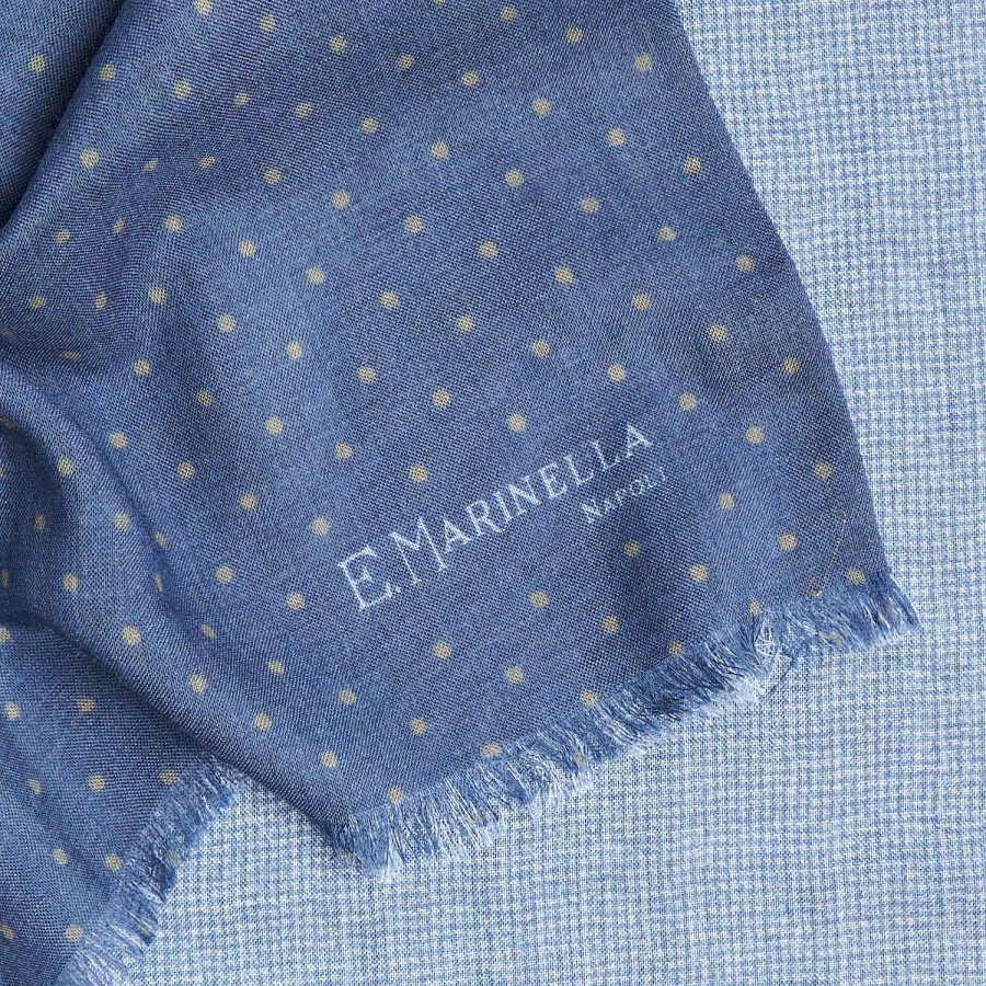 New E.Marinella Dark And Light Blue Double Patterned Wool And Silk Scarf