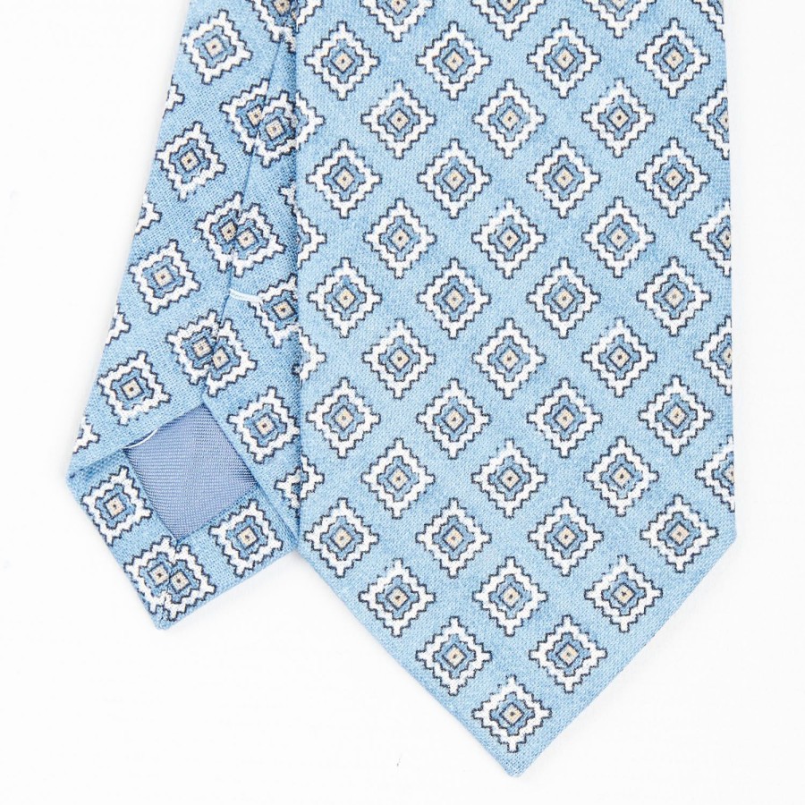 New E.Marinella Light Blue Sartorial Linen Tie - Large Geometric Pattern