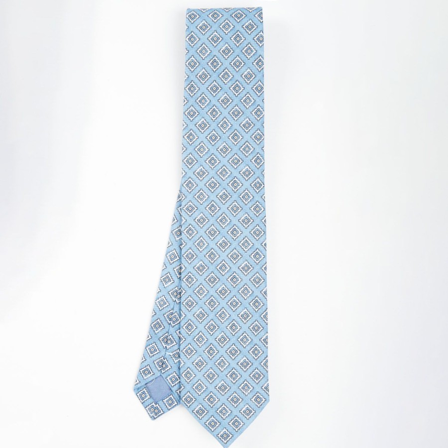 New E.Marinella Light Blue Sartorial Linen Tie - Large Geometric Pattern