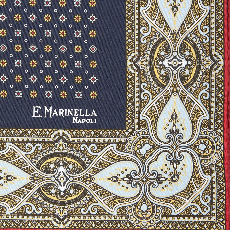 Clearance E.Marinella Dark Blue Hand-Printed Silk Pocket Square Small Flower Pattern