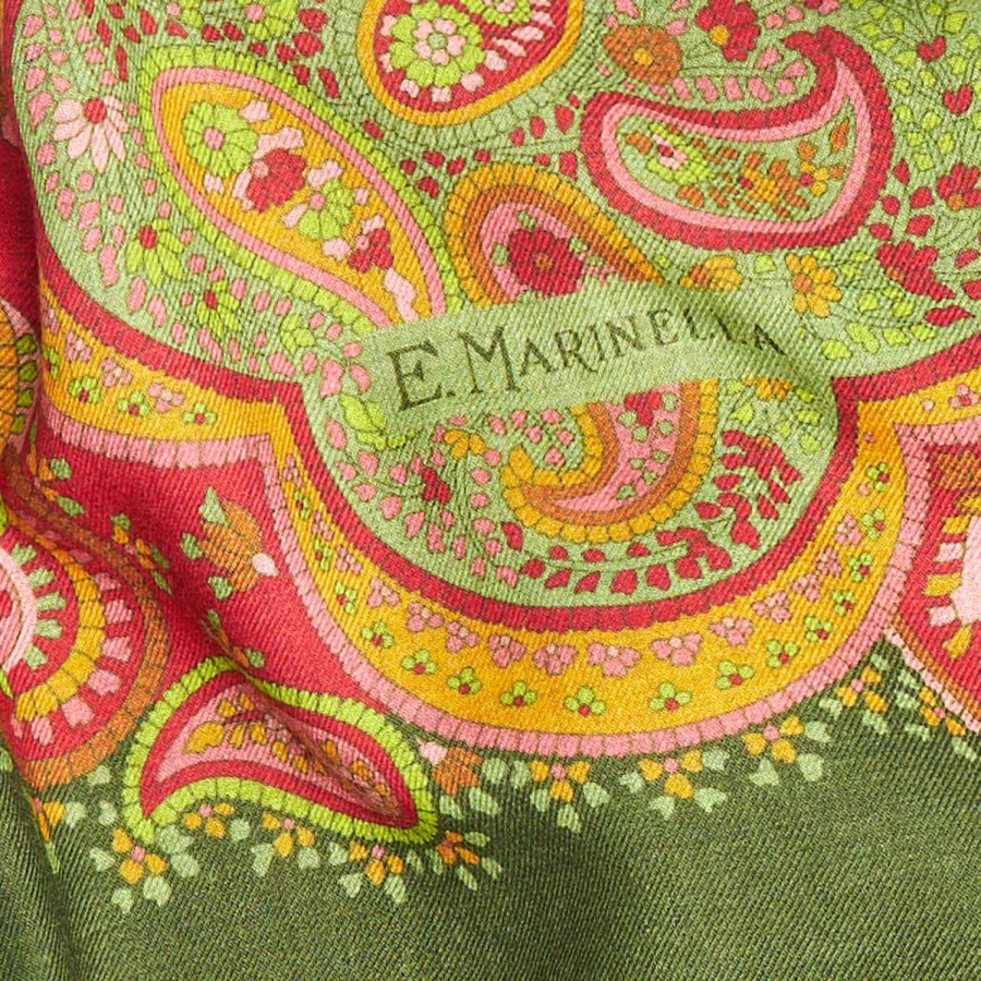 Clearance E.Marinella Light Green Wool Stole With Floral And Paisley Patterns