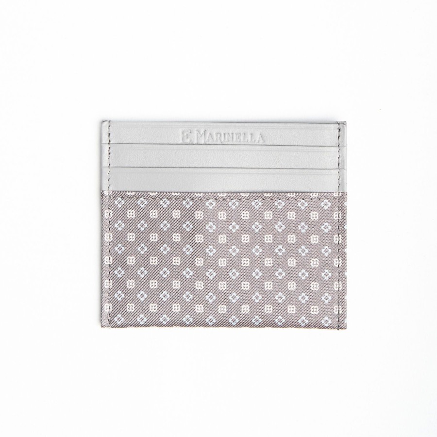 Clearance E.Marinella Light Grey Leather And Silk Credit Card Holder - 5 Compartments