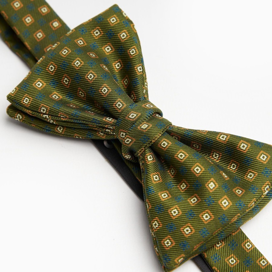 New E.Marinella Olive Green Pre-Knotted Bowtie - Small Geometric Pattern