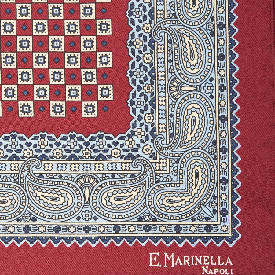 Clearance E.Marinella Burgundy Hand-Printed Silk Pocket Square Small Flower Pattern