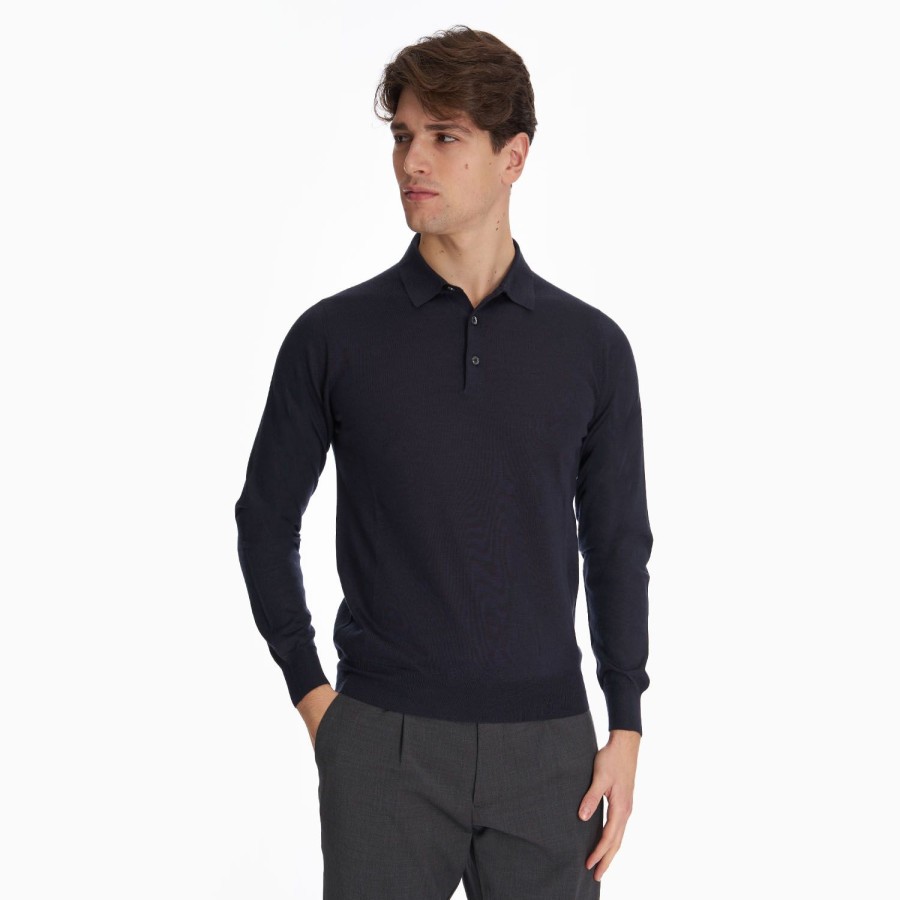 Online E.Marinella Dark Blue Cashmere And Silk Polo Shirt