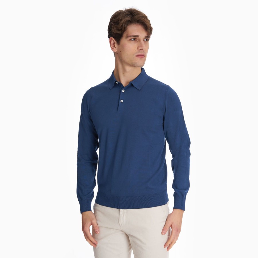 Online E.Marinella Blue Long Sleeve Knitted Polo