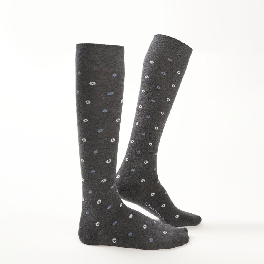 Hot E.Marinella Long Grey Cotton Socks - Small Flower Pattern