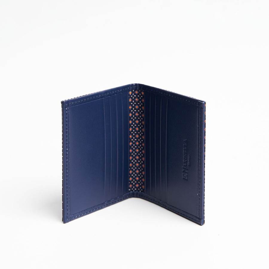 Best E.Marinella Dark Blue Silk And Leather Folding Card Holder - 10 Compartments