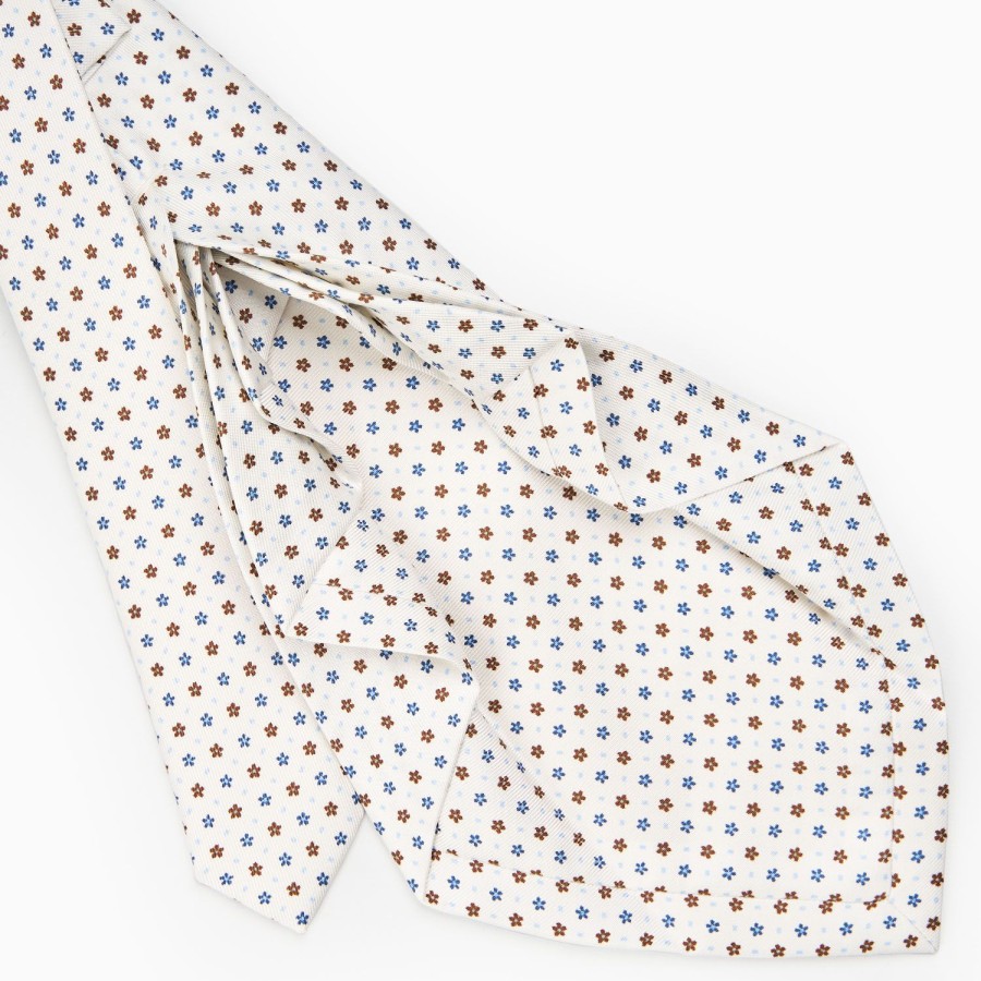 Online E.Marinella White 9 Fold Sartorial Silk Tie Small Flower Pattern