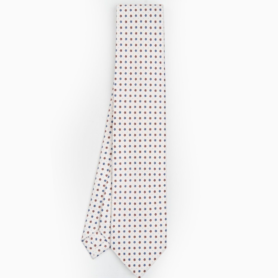 Online E.Marinella White 9 Fold Sartorial Silk Tie Small Flower Pattern