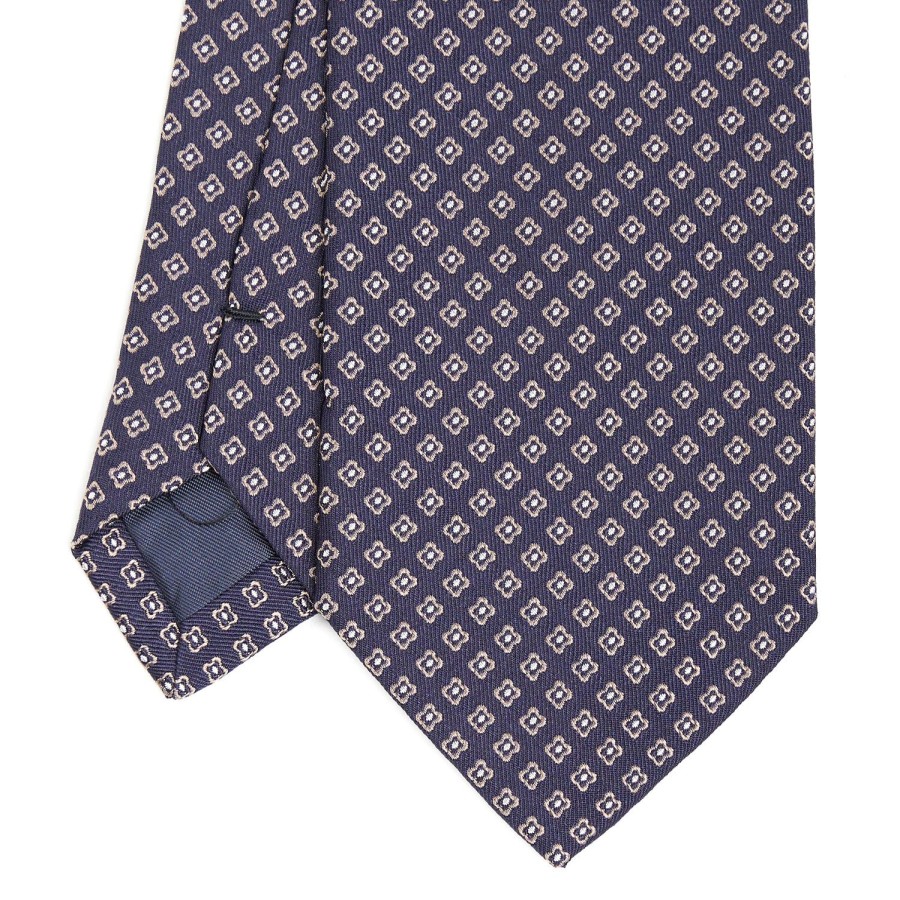 Wholesale E.Marinella Dark Blue Sartorial Jacquard Silk Tie - Small Geometric Pattern