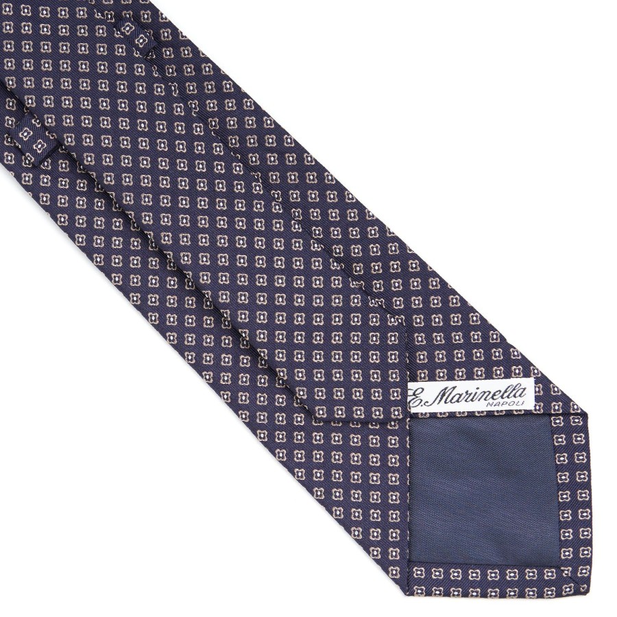 Wholesale E.Marinella Dark Blue Sartorial Jacquard Silk Tie - Small Geometric Pattern