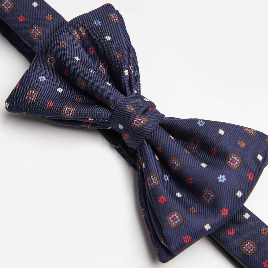 Best E.Marinella Dark Blue Pre-Knotted Silk Bowtie- Small Flower Pattern