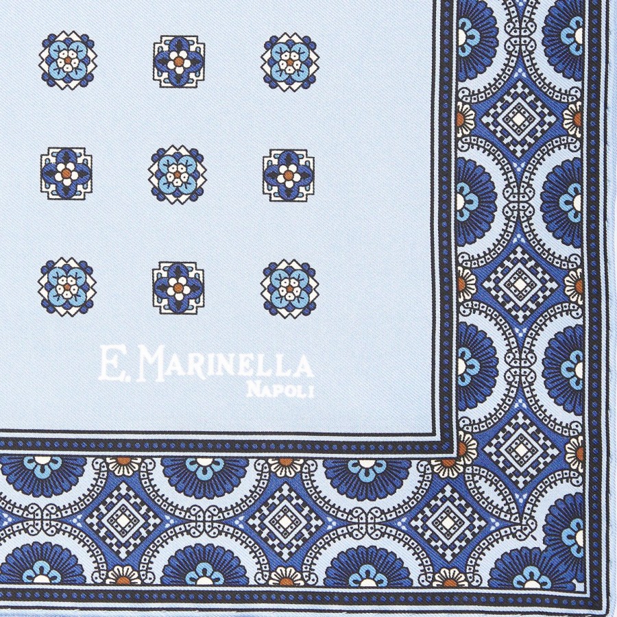 Online E.Marinella Light Blue Hand-Printed Silk Pocket Square Large Flower Pattern