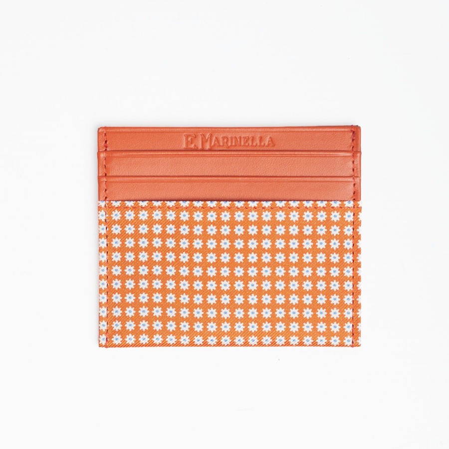 Clearance E.Marinella Orange Leather And Silk Credit Card Holder - 5 Compartments