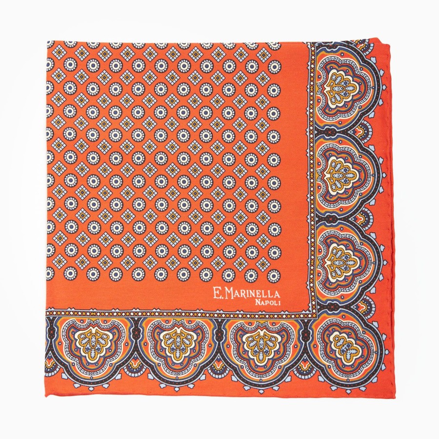 New E.Marinella Orange Hand-Printed Silk Pocket Square Small Flower Pattern