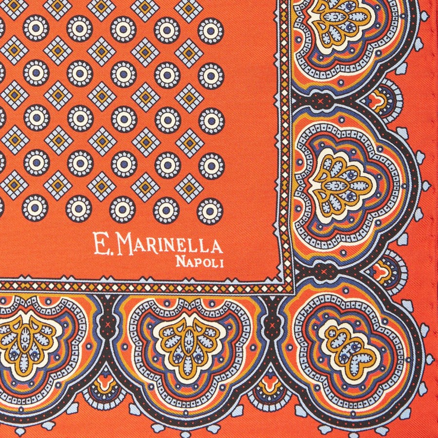 New E.Marinella Orange Hand-Printed Silk Pocket Square Small Flower Pattern