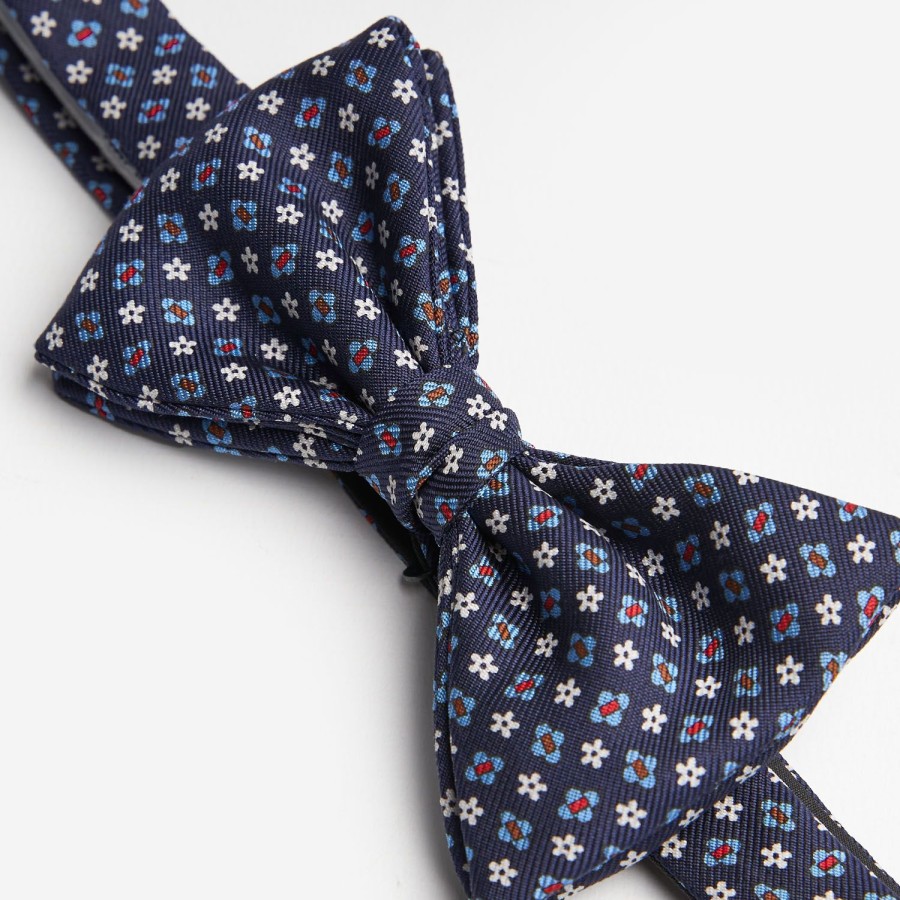 Clearance E.Marinella Dark Blue Pre-Knotted Silk Bowtie- Small Flower Pattern