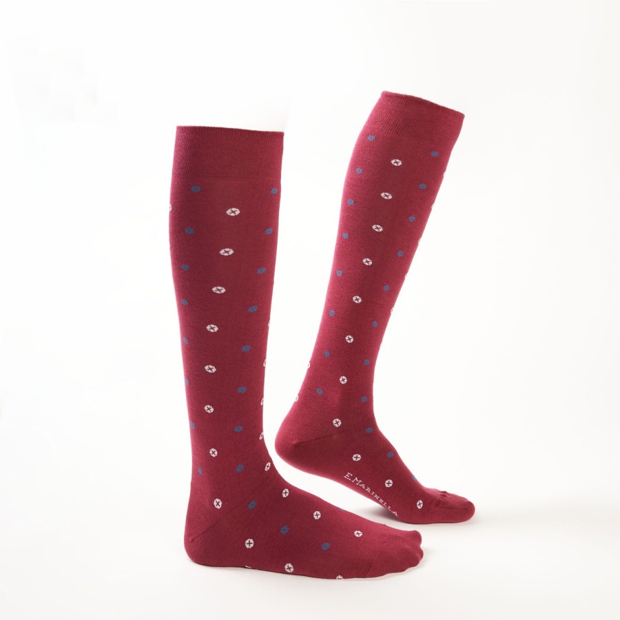 Clearance E.Marinella Long Burgundy Cotton Socks - Small Flower Pattern