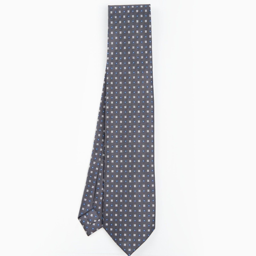 Online E.Marinella Grey 9 Fold Sartorial Silk Tie Small Flower Pattern