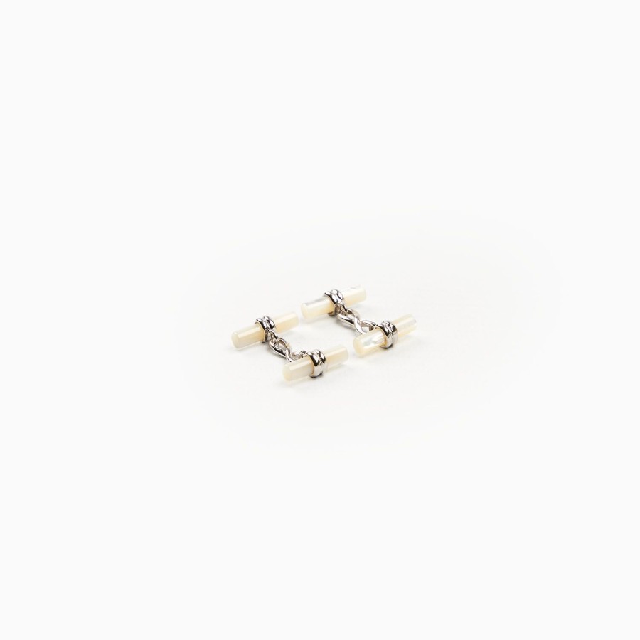 New E.Marinella Double Bar Cufflinks With Mother Of Pearl In Silver