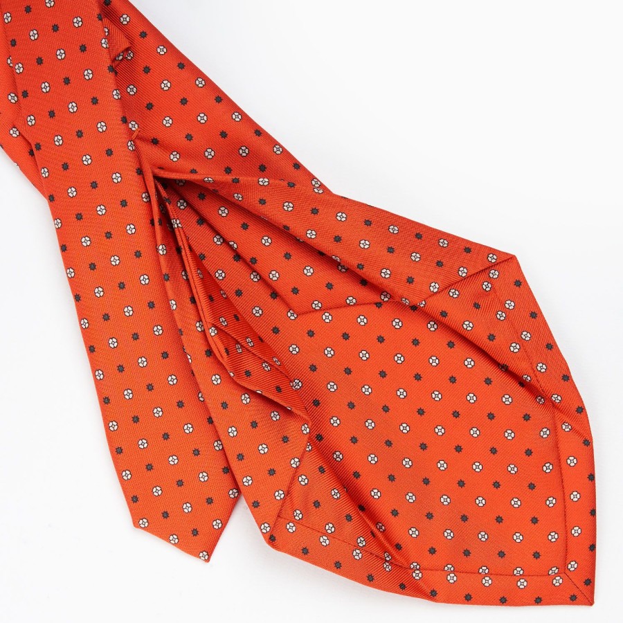 New E.Marinella Orange 5 Fold Sartorial Silk Tie - Small Flower Pattern