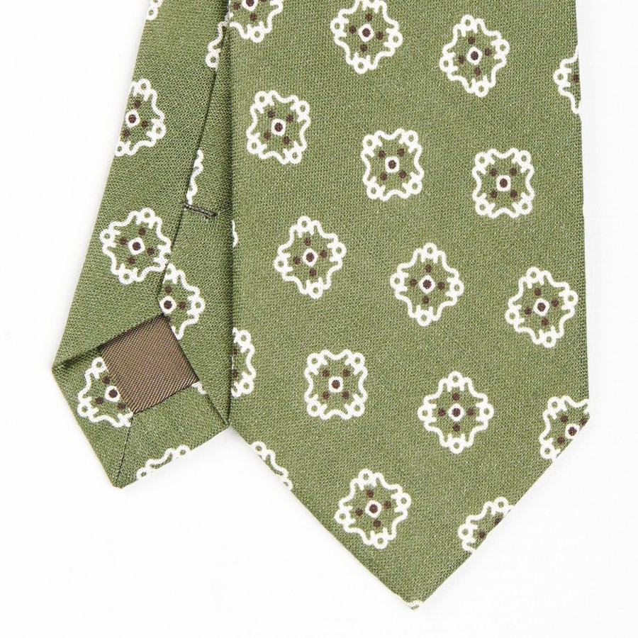 Hot E.Marinella Olive Green Sartorial Linen Tie - Large Flower Pattern