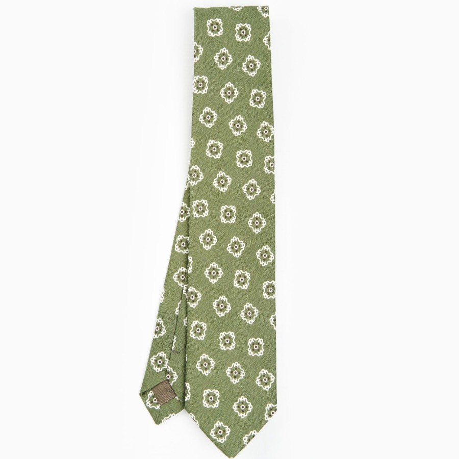 Hot E.Marinella Olive Green Sartorial Linen Tie - Large Flower Pattern