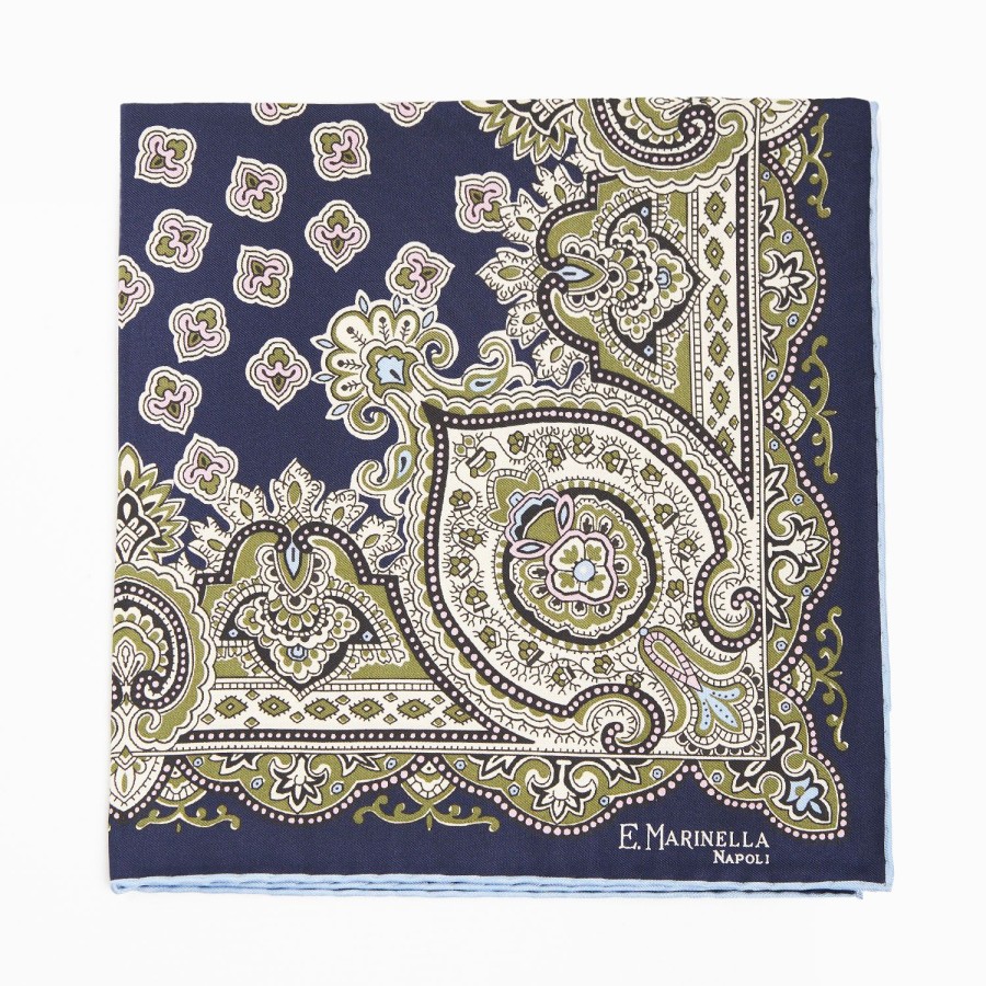 Hot E.Marinella Dark Blue Hand-Printed Silk Pocket Square Large Flower Pattern