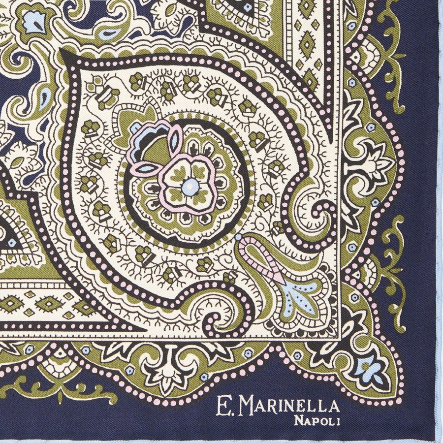 Hot E.Marinella Dark Blue Hand-Printed Silk Pocket Square Large Flower Pattern