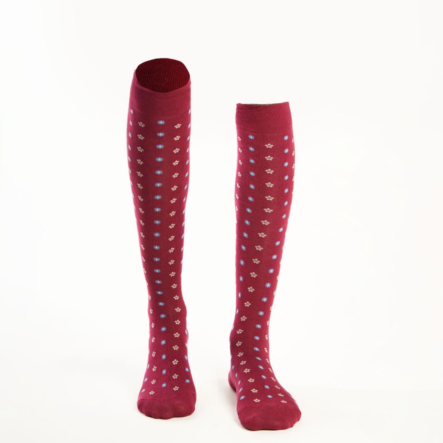 Online E.Marinella Long Burgundy Cotton Socks - Small Flower Pattern