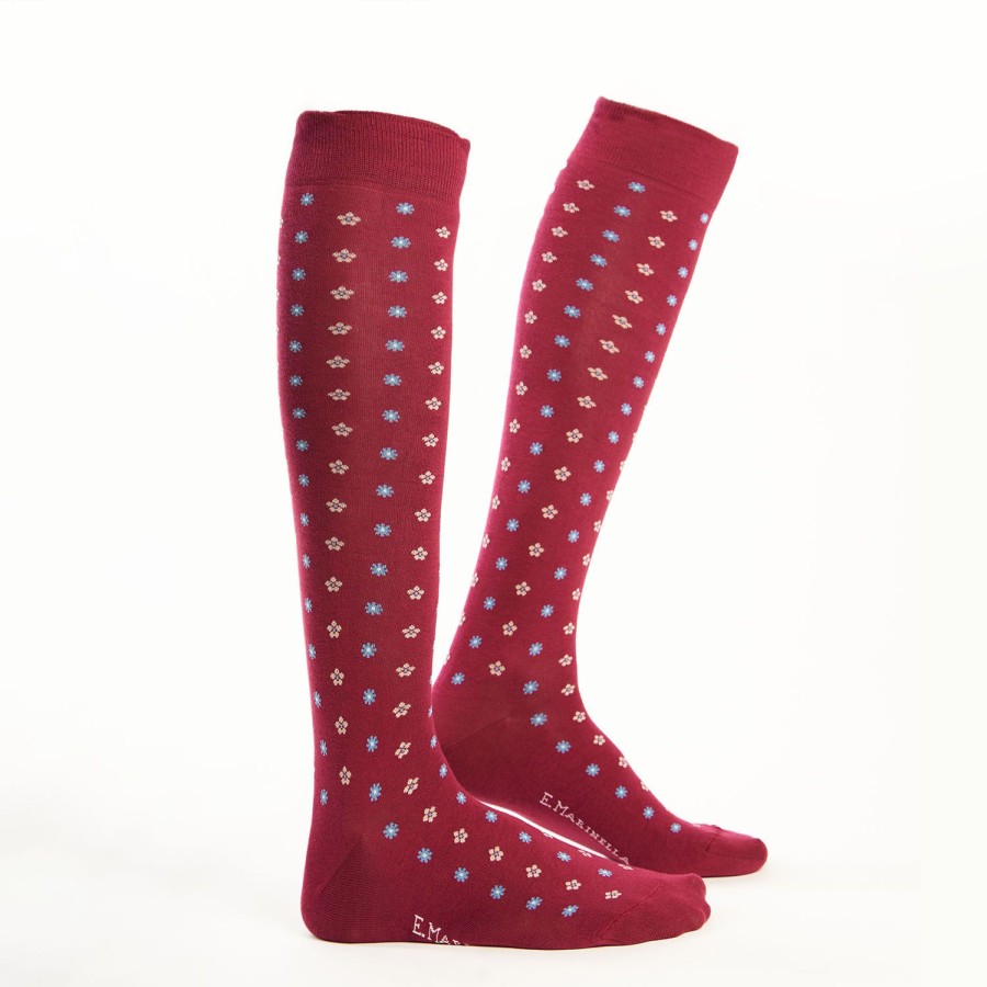 Online E.Marinella Long Burgundy Cotton Socks - Small Flower Pattern