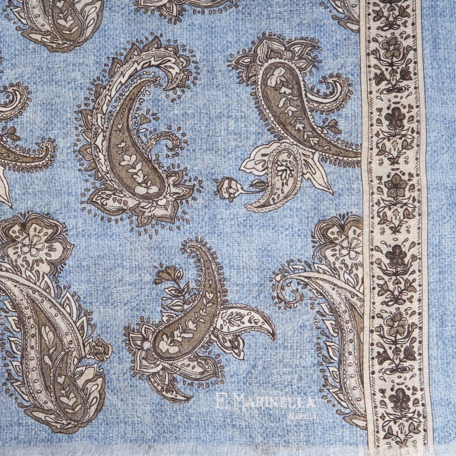 New E.Marinella Powder Blue Cotton And Linen Scarf - Paisley Pattern