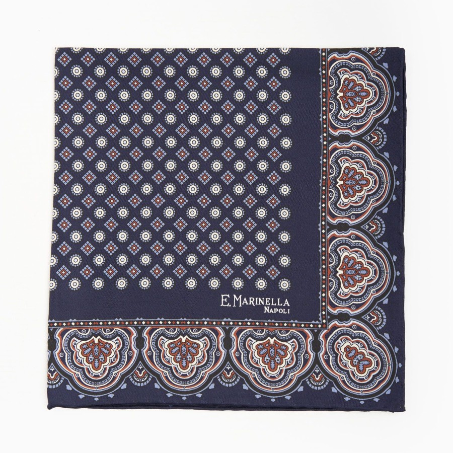 Wholesale E.Marinella Dark Blue Hand-Printed Silk Pocket Square Large Flower Pattern