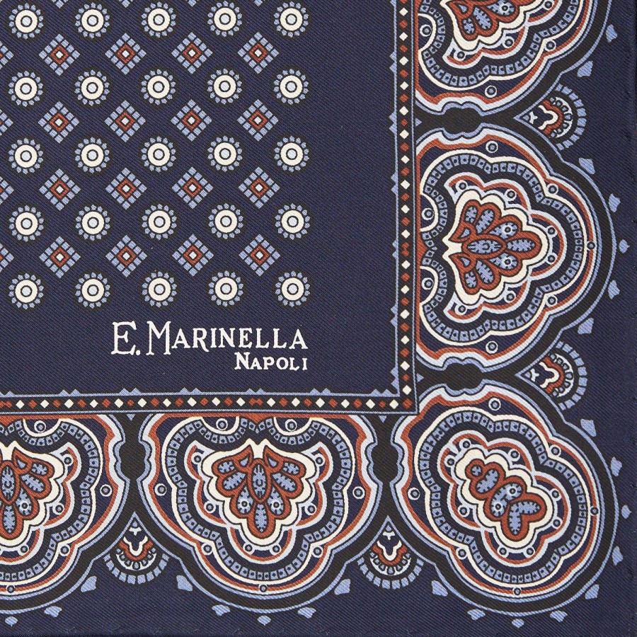 Wholesale E.Marinella Dark Blue Hand-Printed Silk Pocket Square Large Flower Pattern