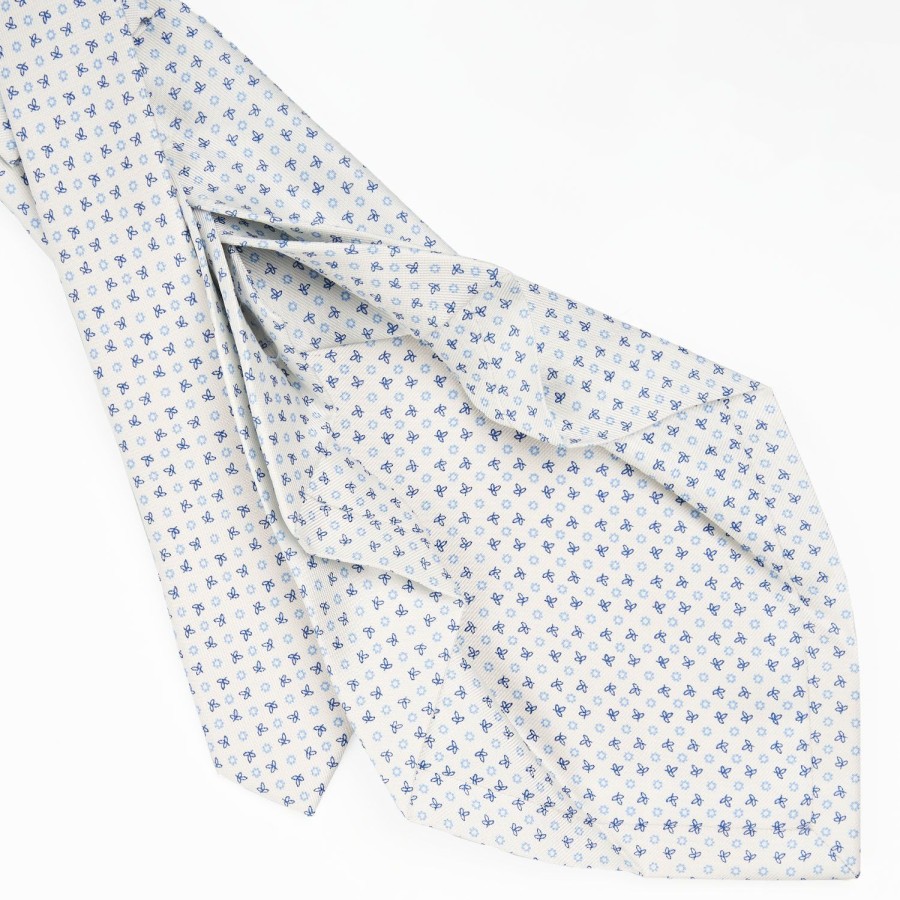 New E.Marinella White 7 Fold Sartorial Silk Tie - Small Flower Pattern