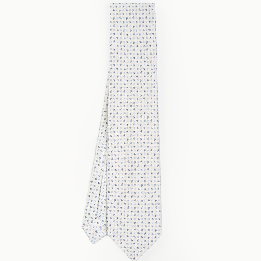 New E.Marinella White 7 Fold Sartorial Silk Tie - Small Flower Pattern