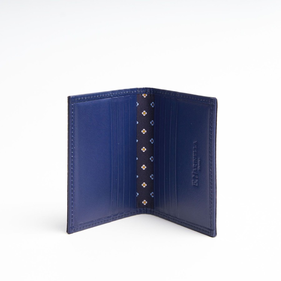 Hot E.Marinella Dark Blue Silk And Leather Folding Card Holder - 10 Compartments