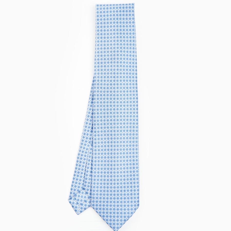 Clearance E.Marinella Light Blue 7 Fold Sartorial Silk Tie - Small Flower Pattern