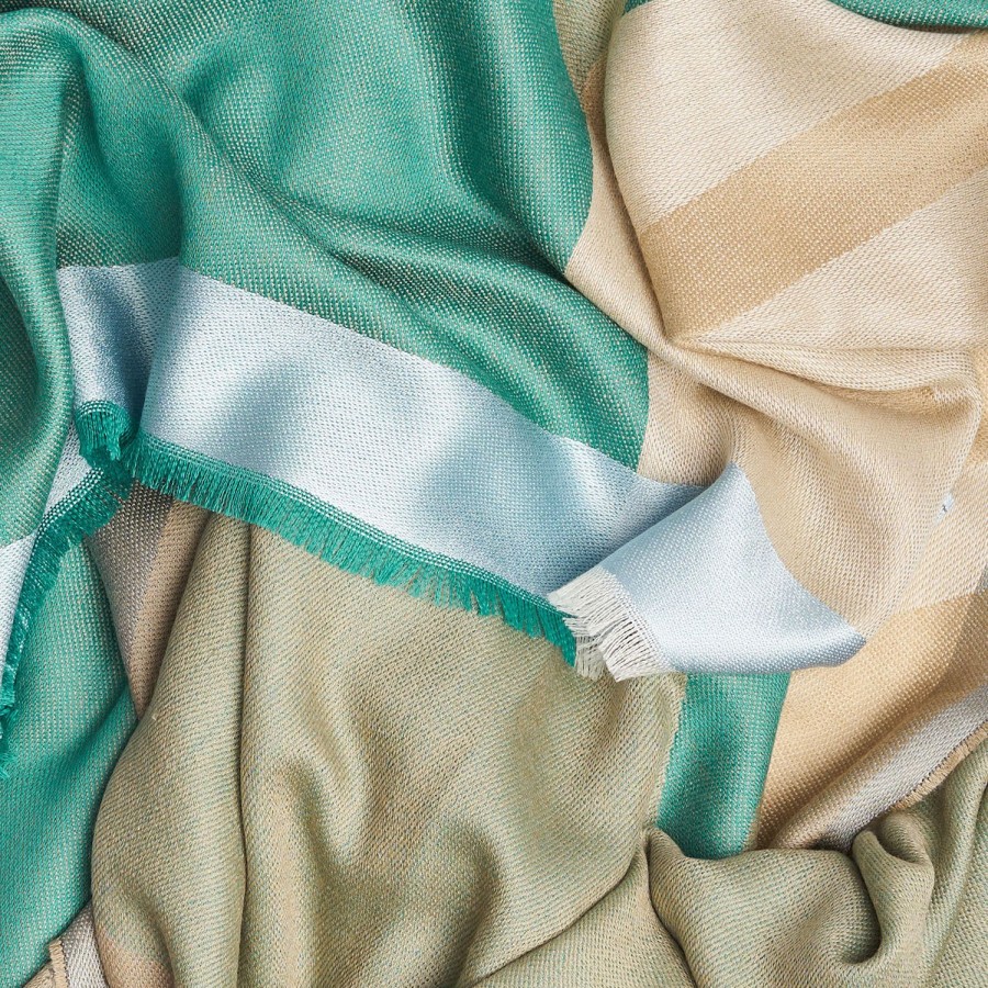 Online E.Marinella Beige And Green Cashmere Stole With Light Blue Silk Detail