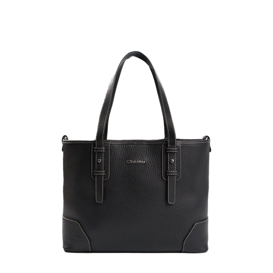 New E.Marinella Black Textured Leather Midi Tote Bag