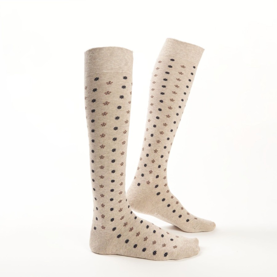 Online E.Marinella Long Beige Cotton Socks - Small Flower Pattern