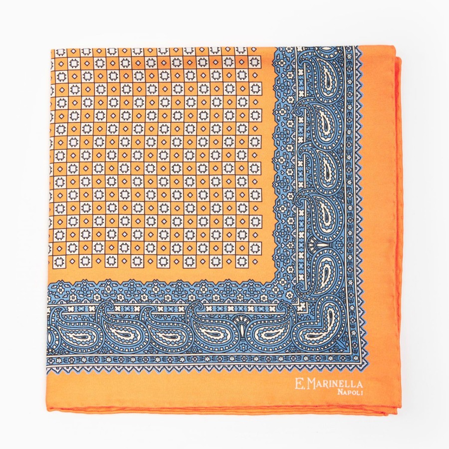 Wholesale E.Marinella Orange Hand-Printed Silk Pocket Square Large Flower Pattern