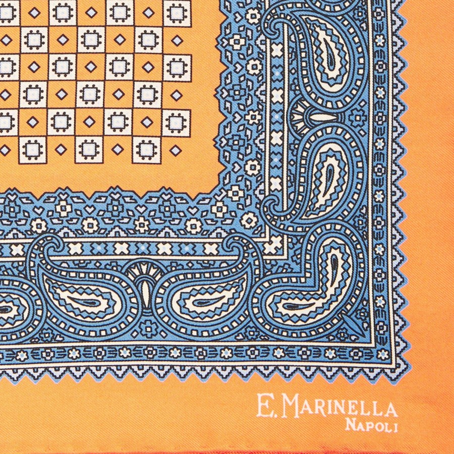 Wholesale E.Marinella Orange Hand-Printed Silk Pocket Square Large Flower Pattern